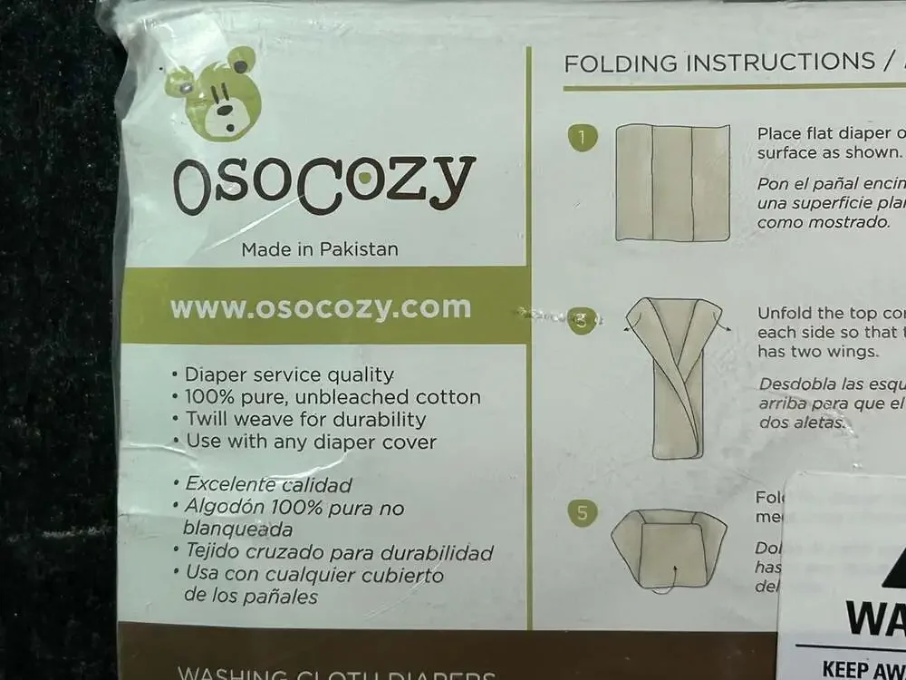 OsoCozy  100% Cotton Unbleached Pre-Folded Diapers Size 1 Quantity 6, 7-15 LBs